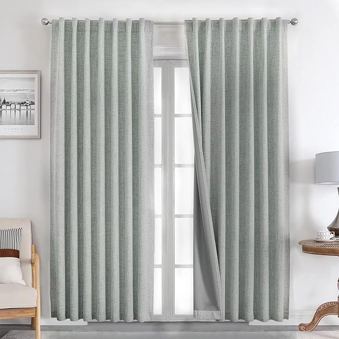 Joydeco Natural Linen Curtains 120 inch Length 2 Panels Set Burg 100% Blackout by JOYDECO