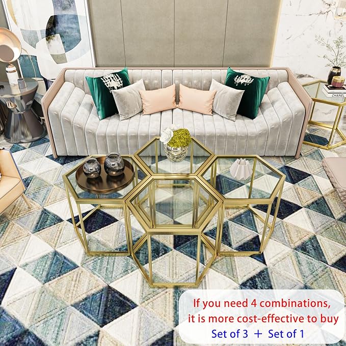Gold Glass Coffee Table Modern Glass Center Table, Hexagon Free Combination - Image 3
