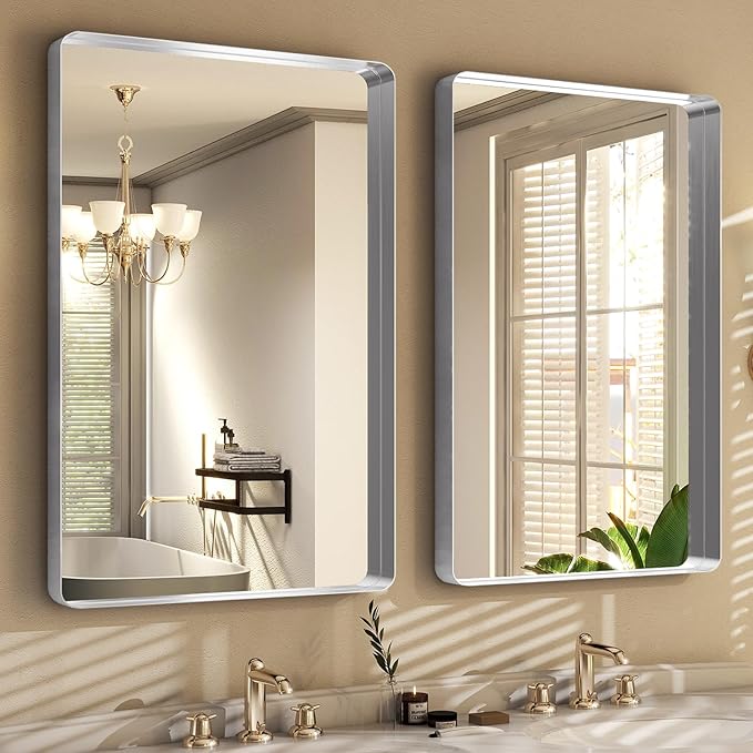 Silver Bathroom Mirror for Wall, 30x22 Inch Rectangular Aluminum Alloy Framed - Image 5