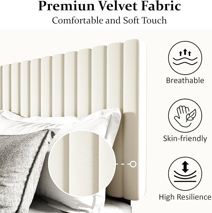 King Size Bed Frame with Velvet Upholstered Headboard, Platform Bed with Strong - Image 4