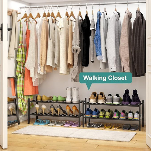 2-Tier Black Bamboo Shoe Rack for Entryway, Stackable | Foldable | Natural - Image 2
