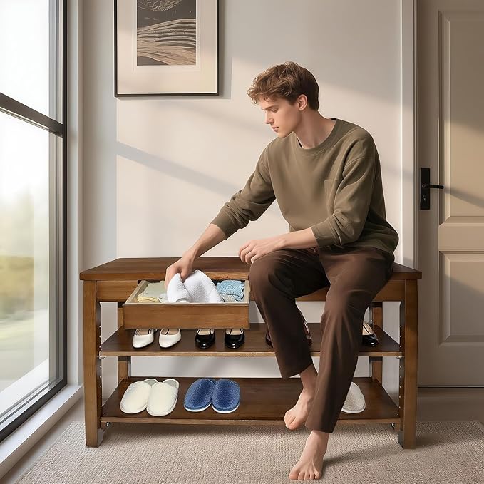 Wood Shoe Bench Entryway with Drawer: 2-Tiers Wooden Storage Shoe Rack with - Image 3