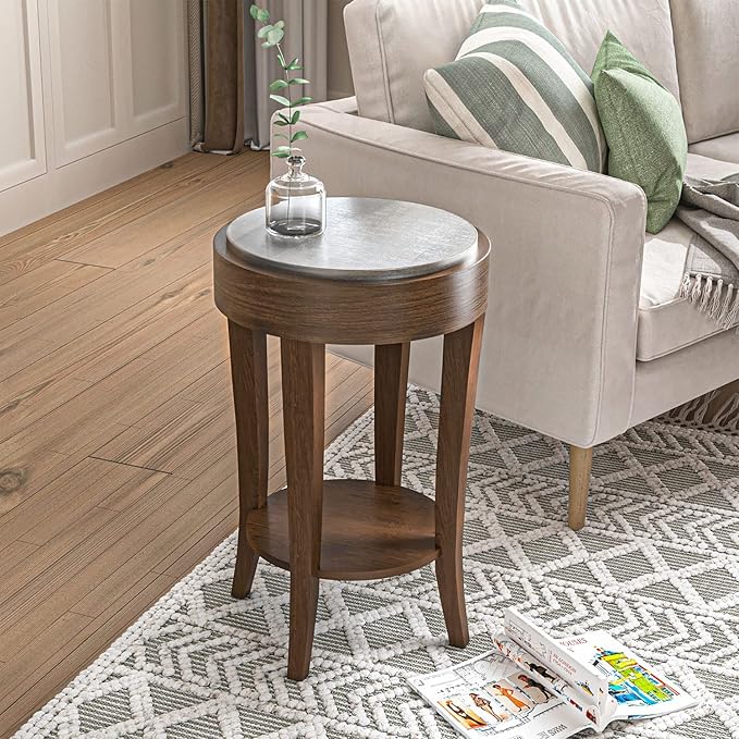 COSIEST Round End Table, 2-Tier Classic Brown Side Table, Farmhouse Wood Accent by COSIEST
