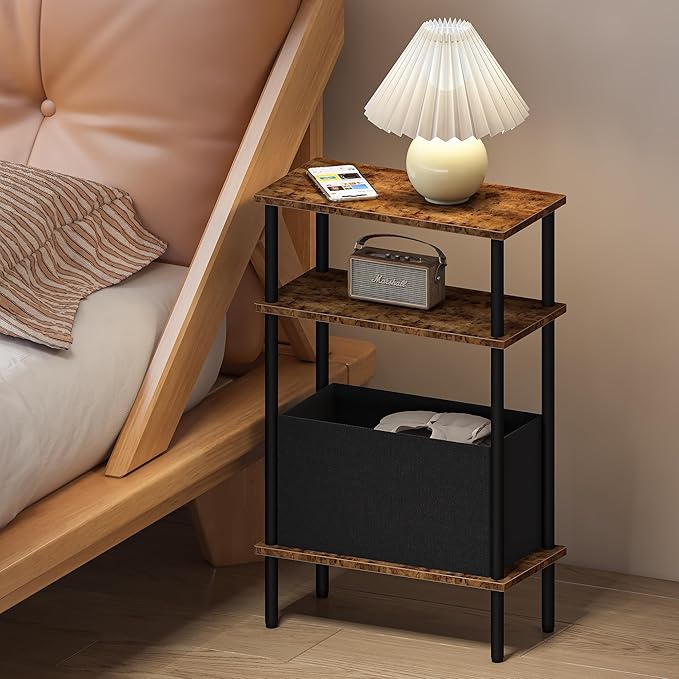 Narrow Side Table with Fabric Basket, Slim Nightstand with 3-Tier Storage Shelf - Image 8