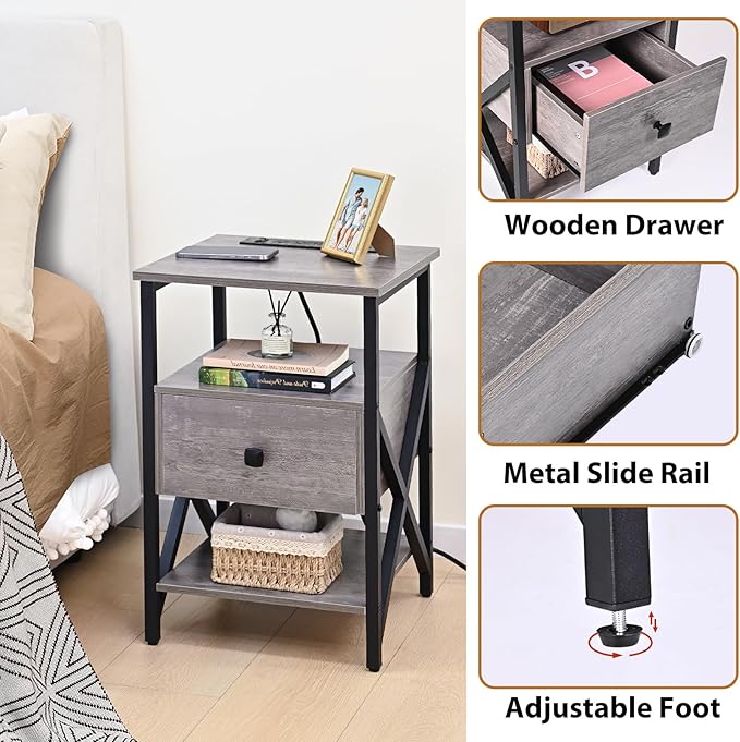 Side Tables with Wireless Charging Station, Side Tables with Wood Drawer - Image 6