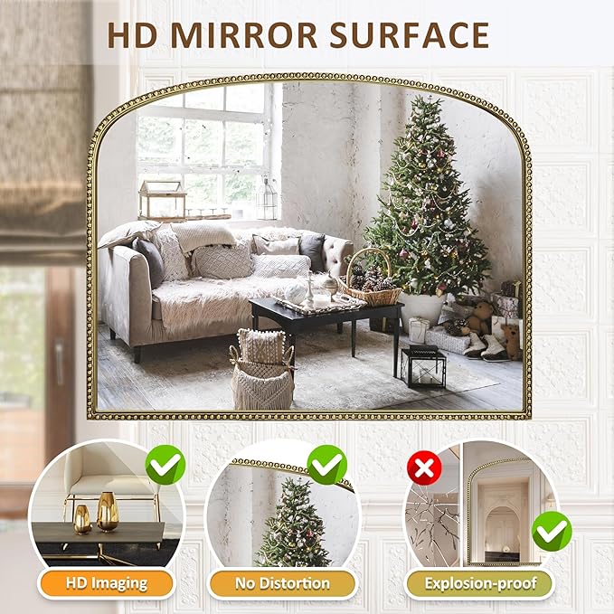 36"X28" Arched Wall Mirror for Fireplace Mantel, Vintage Gold Metal Beaded - Image 3