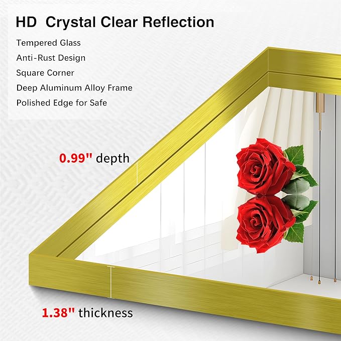 Gold Bathroom Mirror, 30x60 Inch Rectangular Deep Frame Mirror, Large Wall - Image 4
