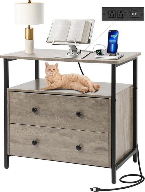 27 inch Wide Nightstand with Charging Station, Bedside Table with Open Shelf by Edbuosy