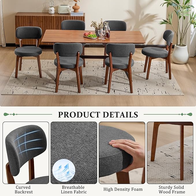 Furniliving Wooden Dining Chairs Set of 4, Mid-Century Modern Linen Upholstered - Image 6