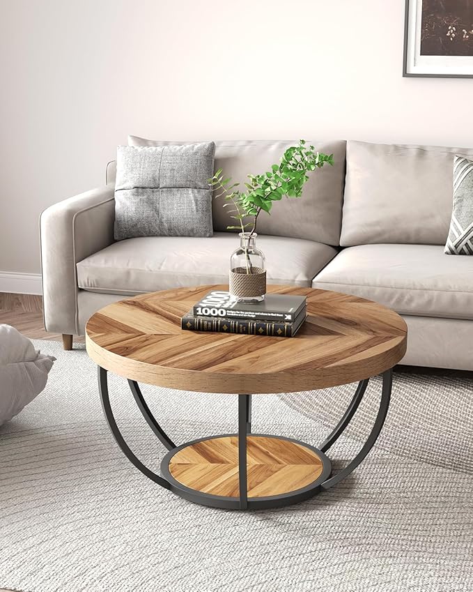 LITTLE TREE Round Coffee Table, 2-Tier Wood Accent Center Table - Image 2