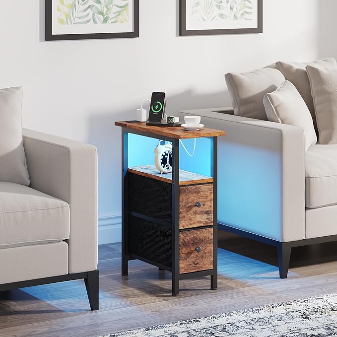 End Table Set 2 with Charging Station, Narrow Side Table with 2 Fabric Drawers - Image 8