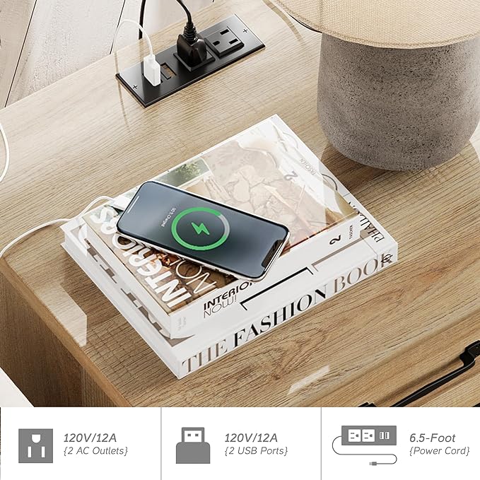 WAMPAT End Table with Charging Station, Wood Side Table with Drawer and Storage - Image 5