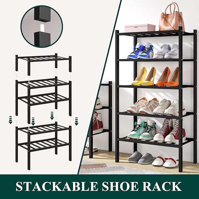Smiry Shoe Rack, 2 Tier Small Bamboo Shoe Organizer, Stackable Free Standing - Image 4