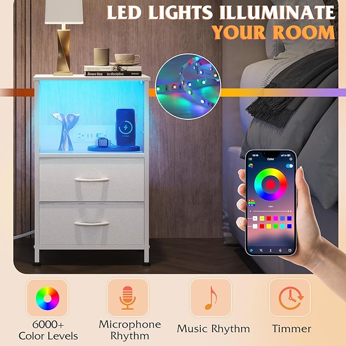 WLIVE White Night Stand with Charging Station, LED Nightstand with 2 Fabric - Image 4