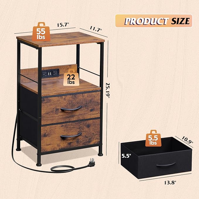 WLIVE Night Stand with Charging Station, LED Nightstand with 2 Fabric Drawers - Image 3