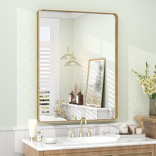 24x32 Inch Gold Framed Bathroom Mirror, Rectangle Brushed Gold Metal Vanity by VANLIOBathroomMirror