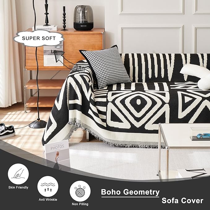 STACYPIK Reversible Boho Couch Cover Ivory Black Futon Armchair Slipcovecrs - Image 3