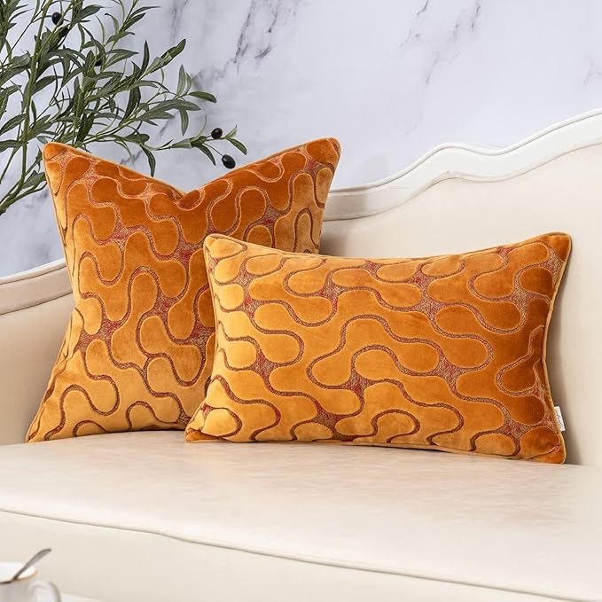 Yangest Orange Yellow Square Throw Pillow Cover Wavy Velvet Cushion Cover - Image 5