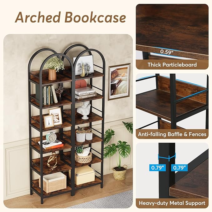 Tribesigns 6-Tier Open Bookshelf, 78.7" Tall Arched Bookcase Narrow Bookshelf - Image 7