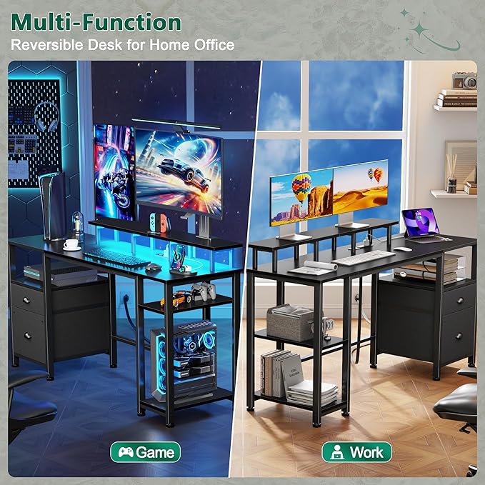 Furologee 51" Gaming Desk with Power Outlets & LED Lights, Reversible Computer - Image 5