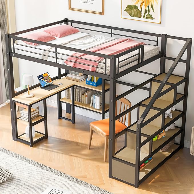 Full Size Metal Loft Bed with Staircase, Full-Length Guardrails, a Built-in - Image 8