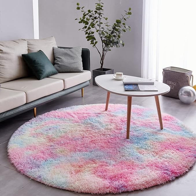 FJZFING Rainbow Round Rug Ultra-Soft Plush Modern 4x4 Circle Area Rug - Image 3