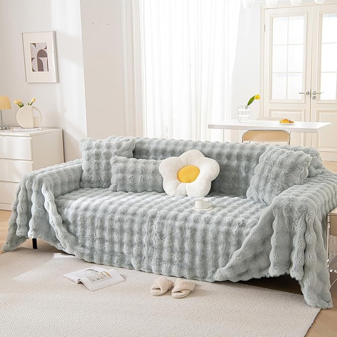 VM VOUGEMARKET Thick Faux Rabbit Fur Couch Cover 1-Piece Non-Slip Warm Soft - Image 7