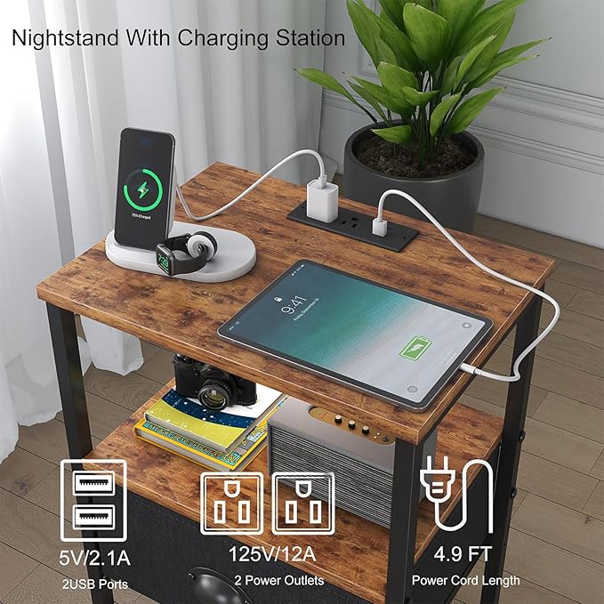 Sthmec Nightstands with Charging Station, LED Bedside Tables with Charging - Image 4