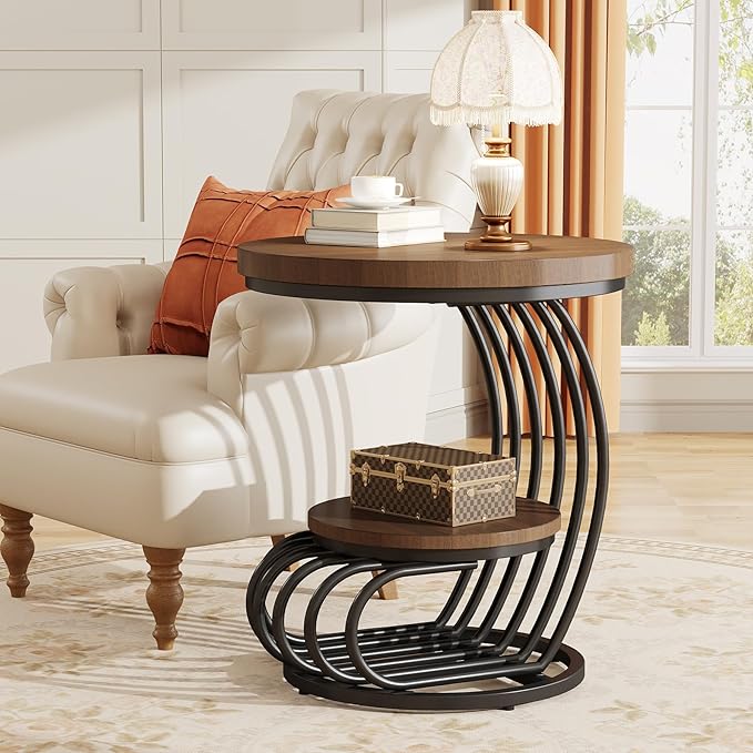 Tribesigns Round End Side Table: 2 Tiers Side Table Set of 2, Vintage End Table - Image 3