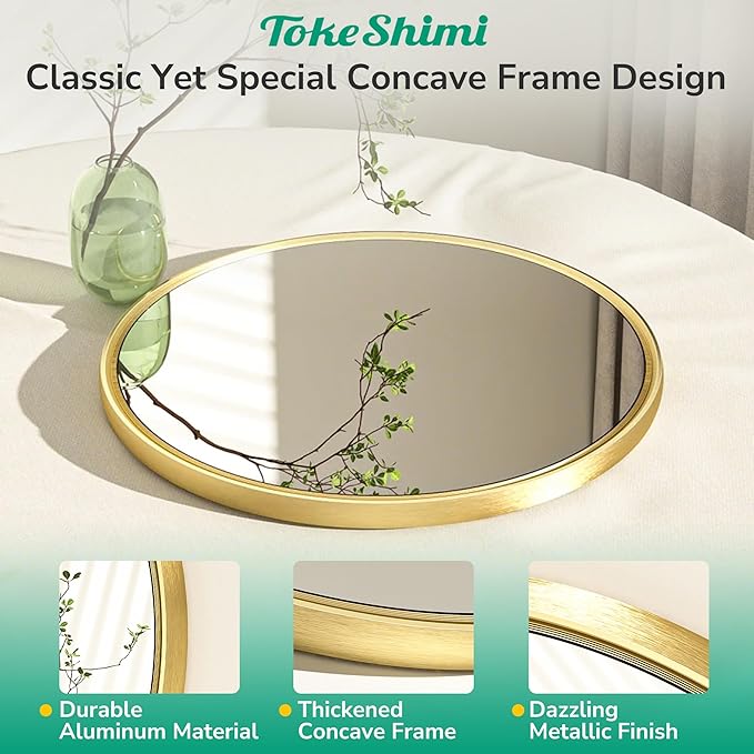 TokeShimi 30 in Round Framed Brushed Gold Mirror Bathroom Tempered, - Image 3