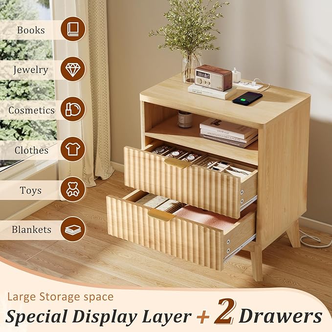 Fluted Nightstand with Charging Station, 19.7 inch Wide End Table with 2 Drawers - Image 4