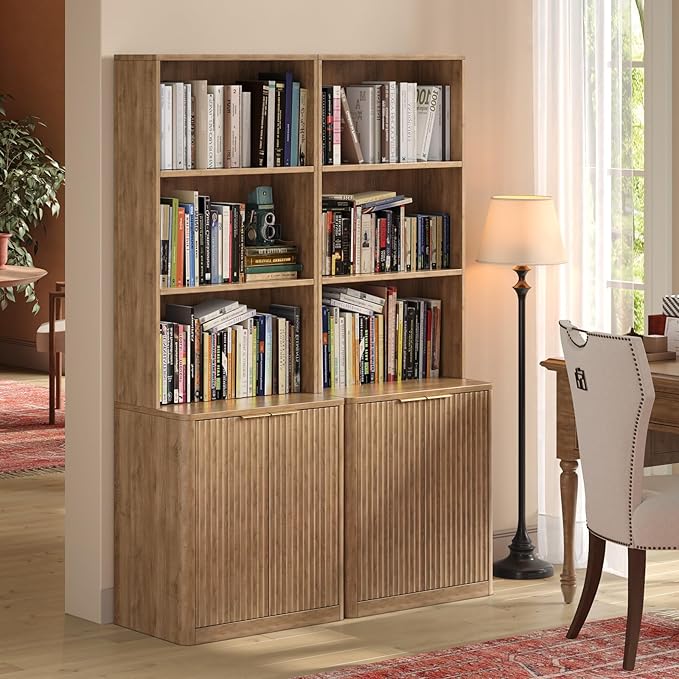 71" Oak Bookcase with Doors, 5-Tier Fluted Tall Bookshelf with Storage - Image 7