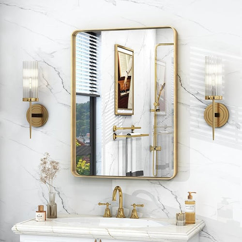 20x30 Inch Gold Framed Bathroom Mirror, Rectangle Brushed Gold Metal Vanity by VANLIOBathroomMirror