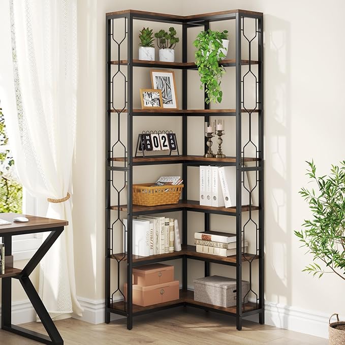 Tribesigns Corner Shelf, 7-Tier Industrial Corner Bookshelf, Wood and Metal - Image 4