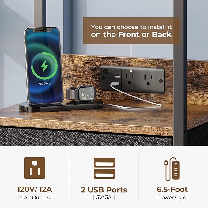 Seventable Nightstand with Charging Station and LED Light, Bedside End Table - Image 7