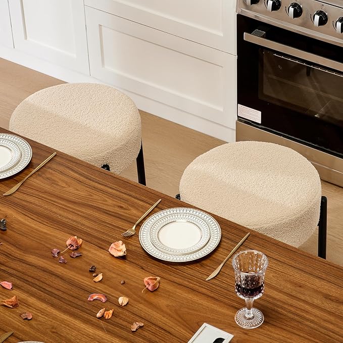 Modern Dining Chairs Set of 4, 23.6" Beige Round Backless Boucle Sherpa - Image 6