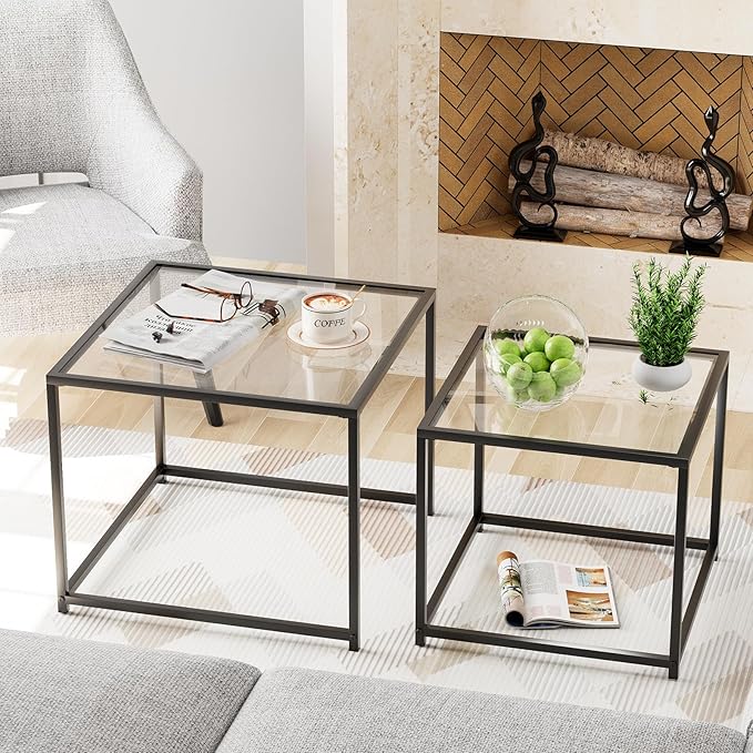 Garden 4 you Coffee Table Set of 2, Modern Glass Nesting Table, Metal Frame - Image 4