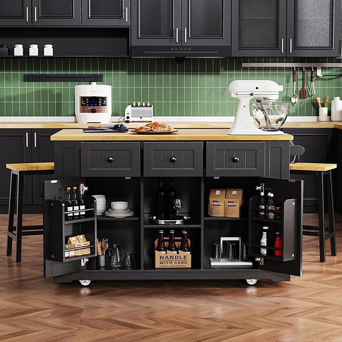 53" Large Kitchen Island with Drop Leaf, Power Outlet & Door Internal Storage by Unknown
