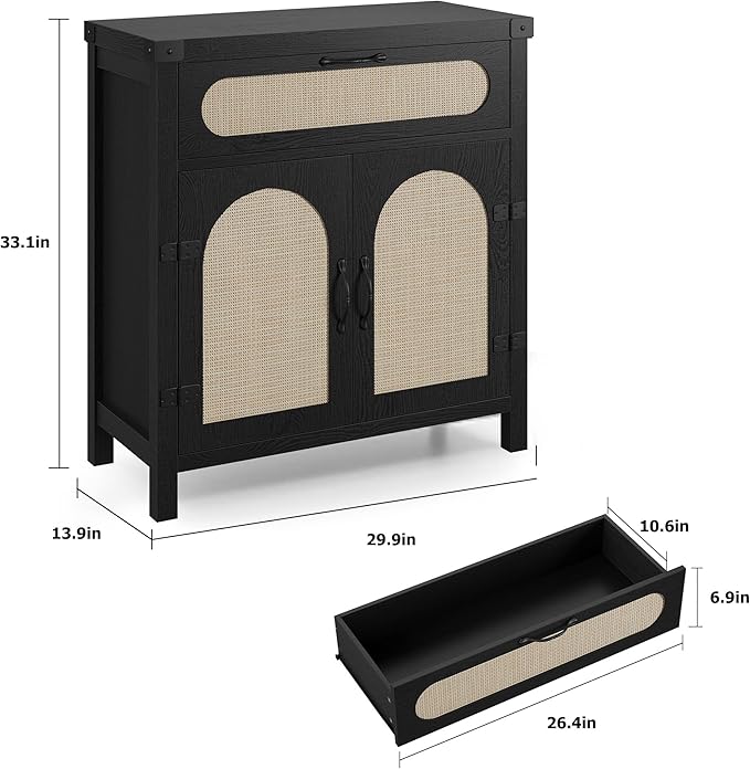 IDEALHOUSE Rattan Cabinet with Drawer, Sideboard with Synthetic Rattan-Accent - Image 2