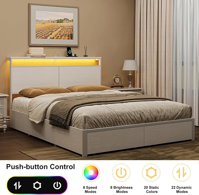 King Bed Frame with 4 Storage Drawers Bed Frame King Size with Headboard LED - Image 5