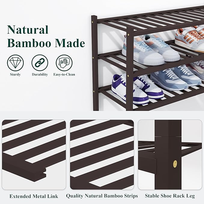 Smiry Shoe Rack, 2 Tier Thick Bamboo Shoe Organizer, Stackable Free Standing - Image 3