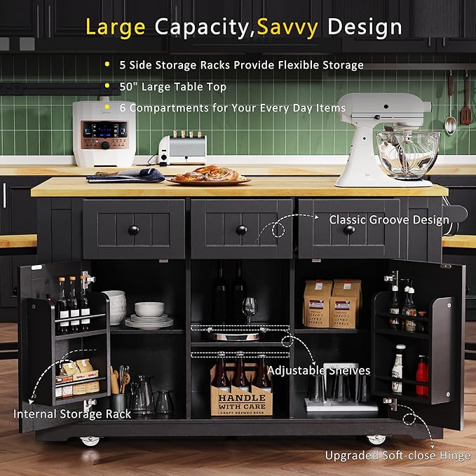53" Large Kitchen Island with Drop Leaf, Power Outlet & Door Internal Storage - Image 3