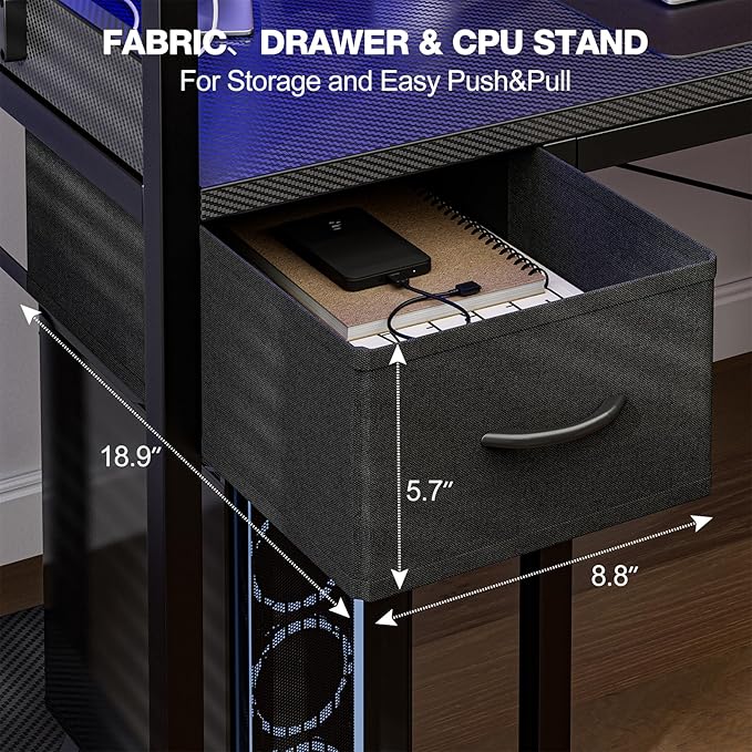 Gaming Desk 55 Inch with Power Outlet and LED Light, Computer Desk with - Image 9