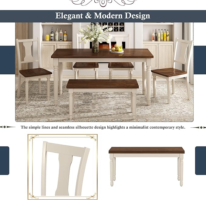 6 Pieces Dining Table Set with 60" Rectangle Kitchen Desk, Living Room - Image 4