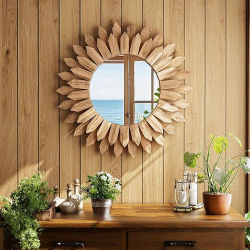 20 Inch Brown Boho Wall Decor Sunburst Mirror - Image 2