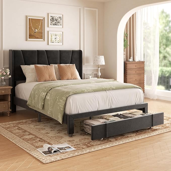 Queen Bed Frame with Storage Drawers, Upholstered Platform Bed with Headboard by VIPLOV