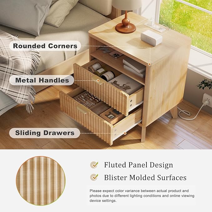 Fluted Nightstand with Charging Station, 19.7 inch Wide End Table with 2 Drawers - Image 6
