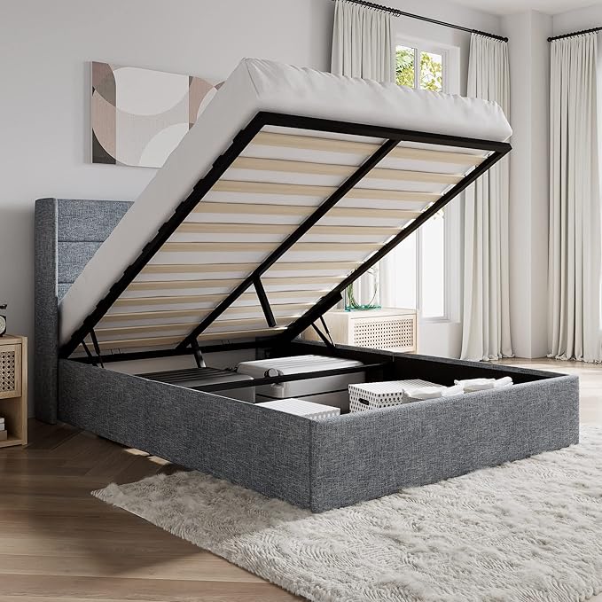 SHA CERLIN Full Size Lift Up Storage Bed/Modern Wingback Headboard/Upholstered by SHACERLIN