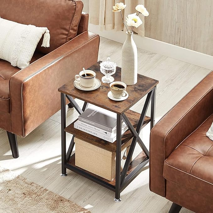 Square End Table with Storage Shelf, 3-Tier End Table Living Room, Rustic Brown - Image 6