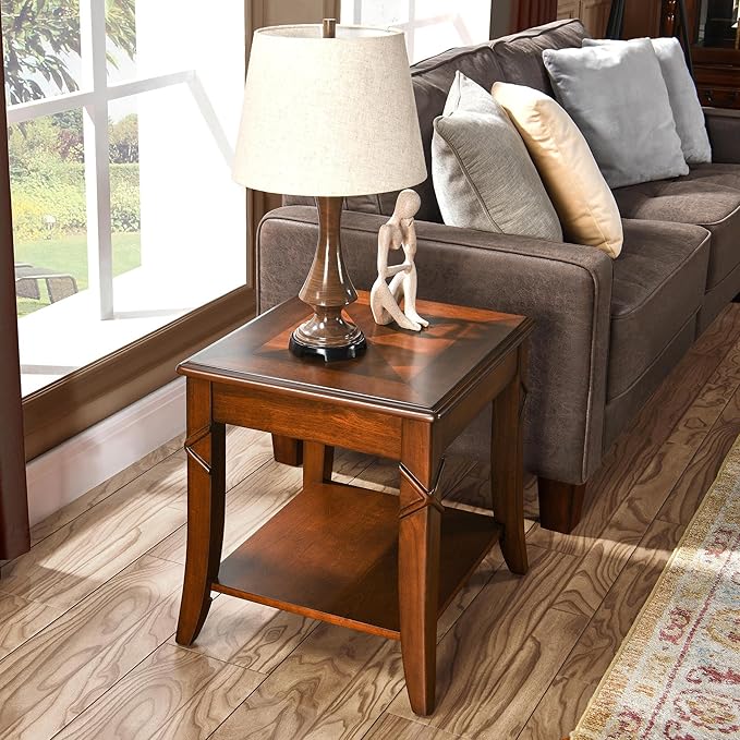 Solid Wood Side Table with Storage Shelf, Cherry Wood End Tables Living Room - Image 9